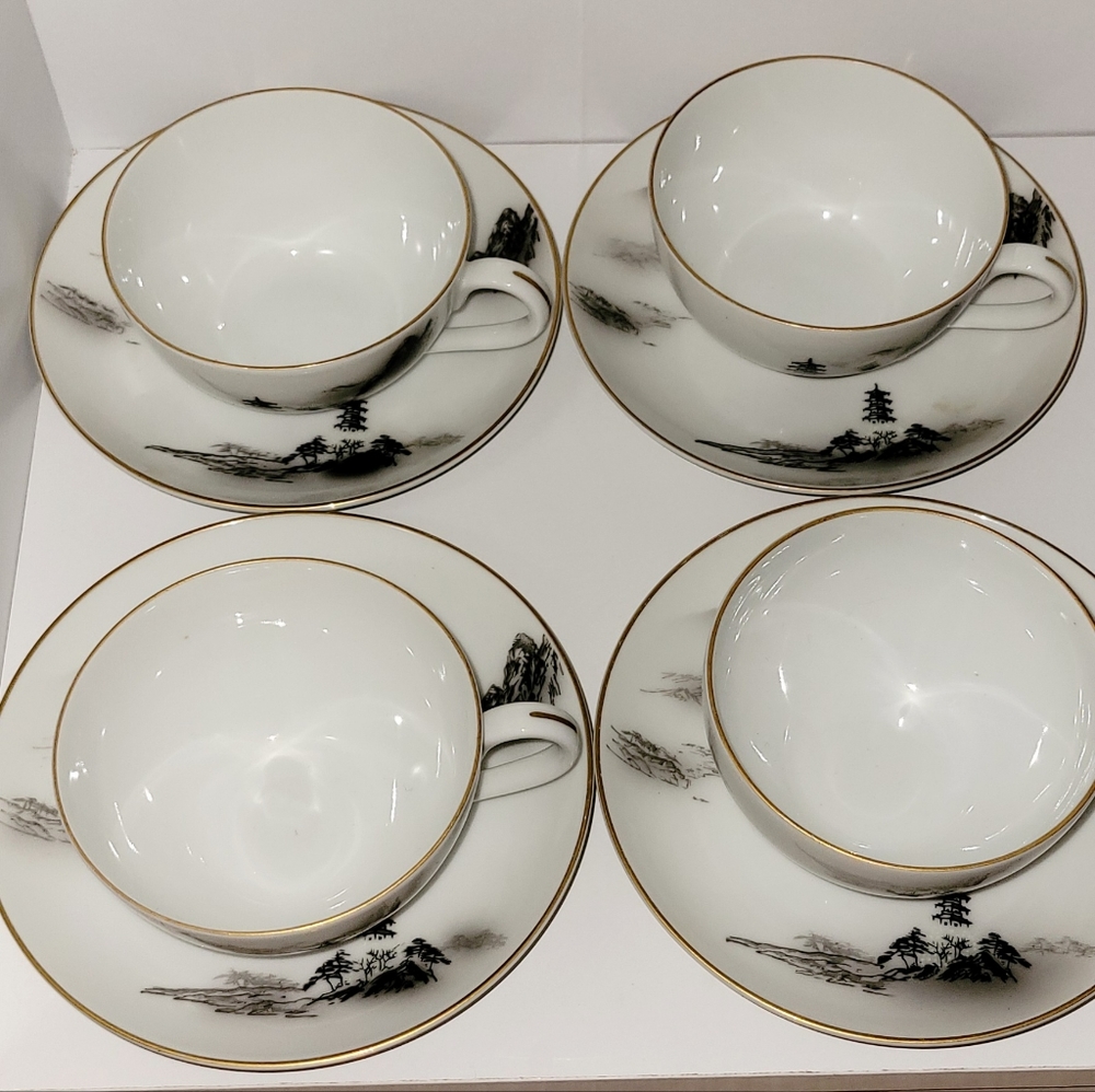 (4) Fukagawa Teacups and Saucers Bundle Arita 903 Vintage Teacup Set Japan
